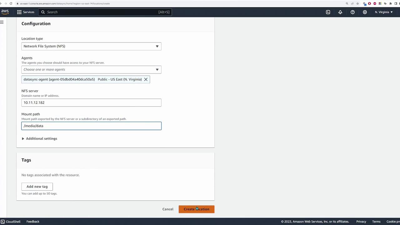 The image shows an AWS console configuration page for setting up a Network File System (NFS) location, including fields for selecting agents, entering an NFS server IP address, and specifying a mount path. There are options for additional settings and tags, with a "Create location" button at the bottom.