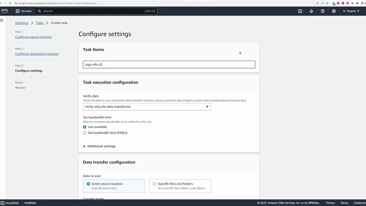 The image shows an AWS DataSync configuration screen where a task named "copy-nfs-s3" is being set up. It includes options for task execution and data transfer configuration.