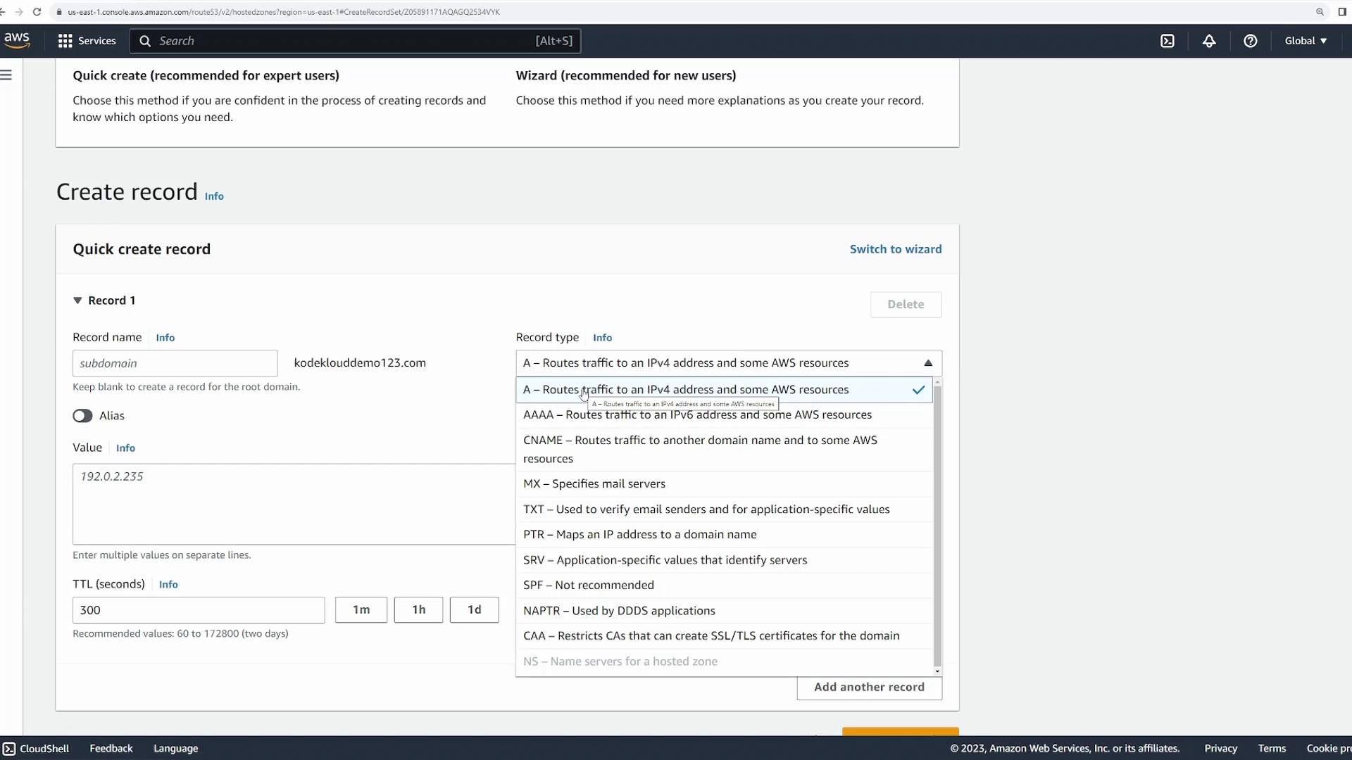 The image shows the AWS Route 53 console where a user is creating a DNS record. The record type is set to "A" for routing traffic to an IPv4 address, with a specified IP address and TTL value.