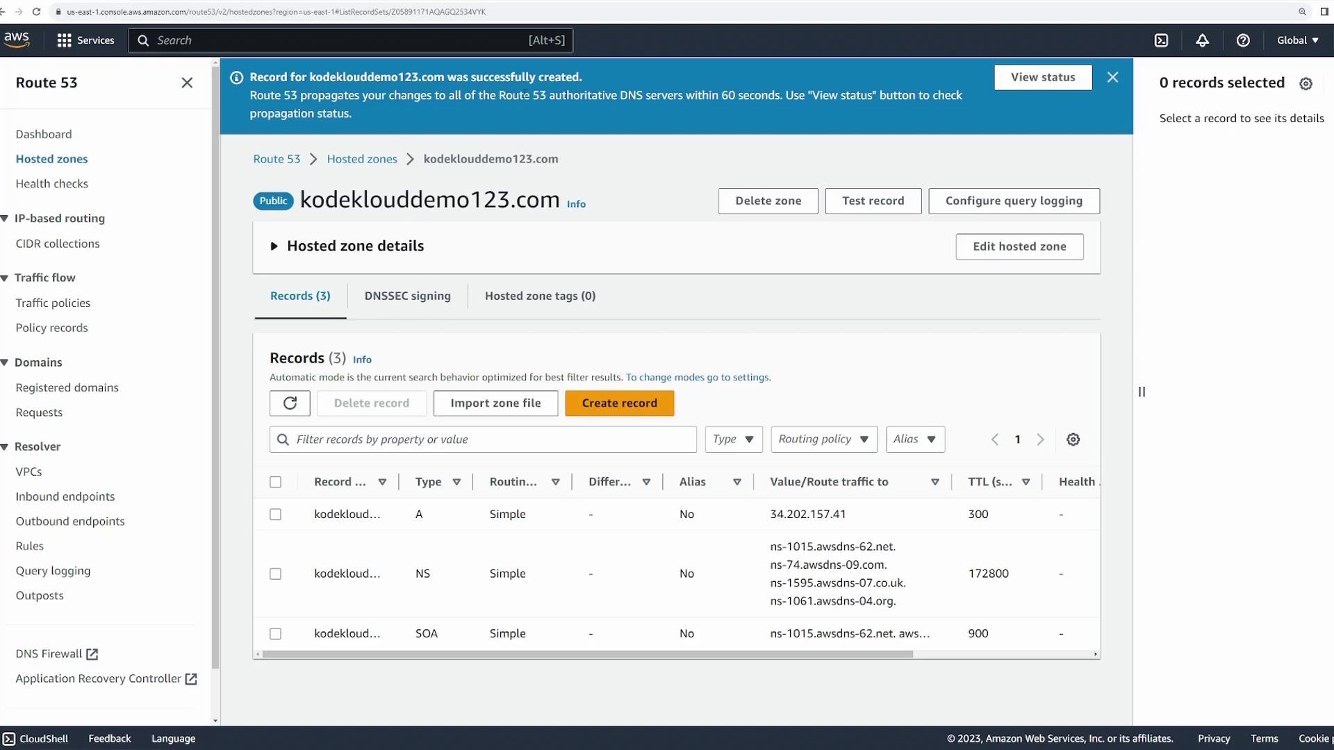 The image shows an AWS Route 53 dashboard displaying DNS records for the domain "kodeklouddemo123.com," including A, NS, and SOA record types.