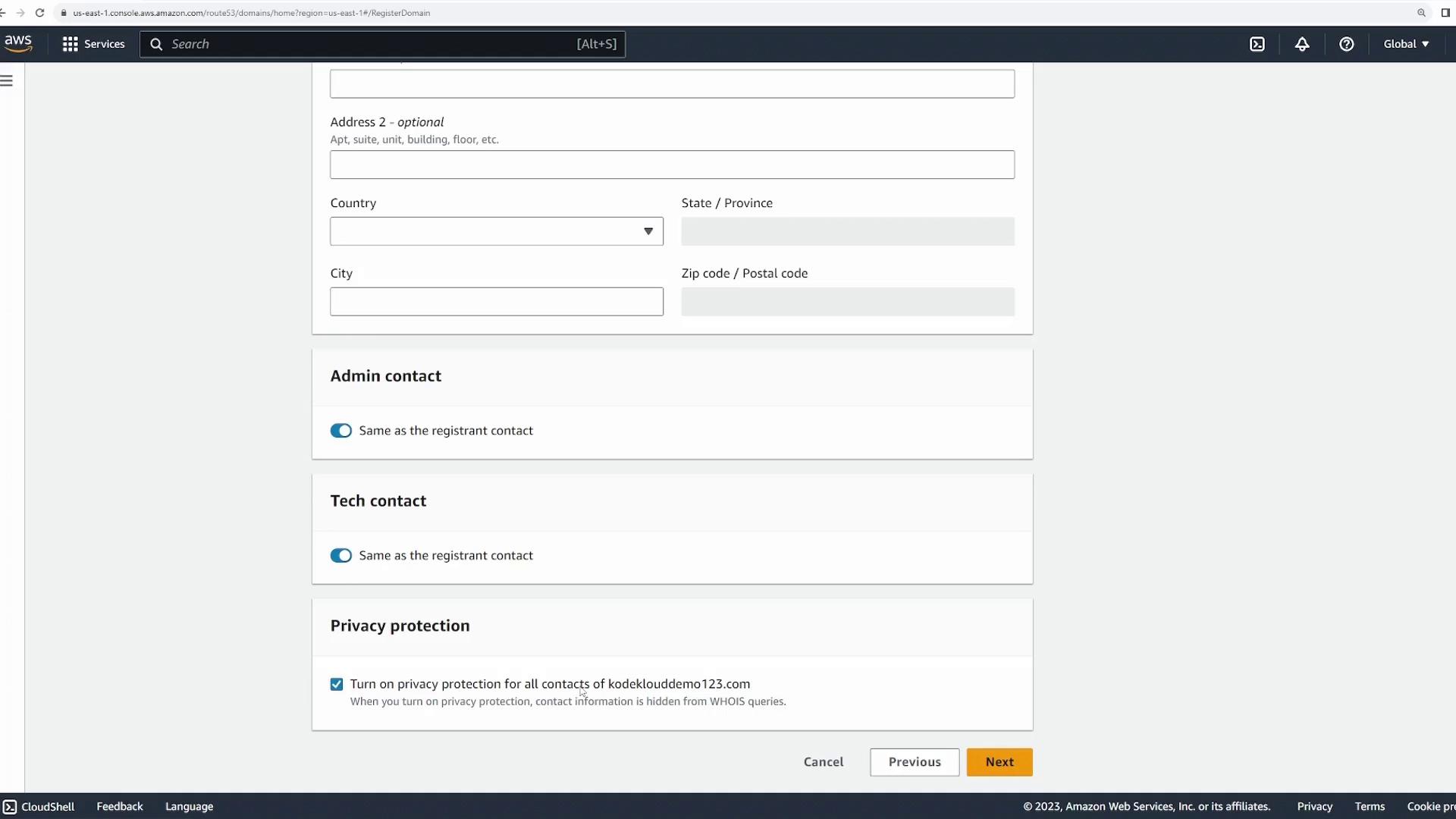 The image shows a domain registration form on the AWS Route 53 console, with fields for address, admin contact, tech contact, and privacy protection options.