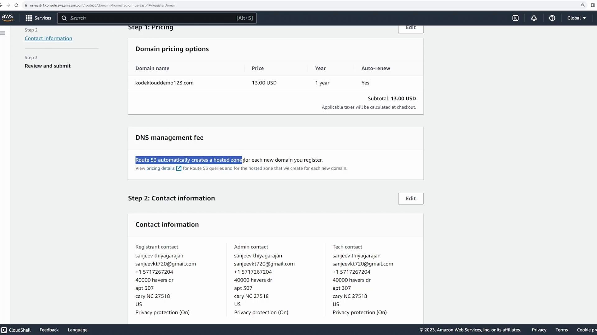The image shows an AWS Route 53 domain registration page with pricing and contact information details. It includes a domain name, pricing options, and DNS management fee information.