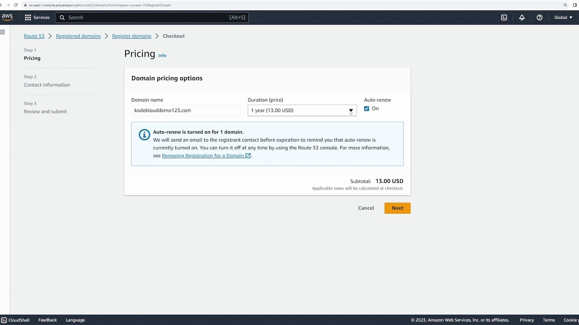 The image shows an AWS Route 53 domain registration page with pricing details for a domain name, including an option for auto-renewal. The subtotal for the domain is $13.00 USD.