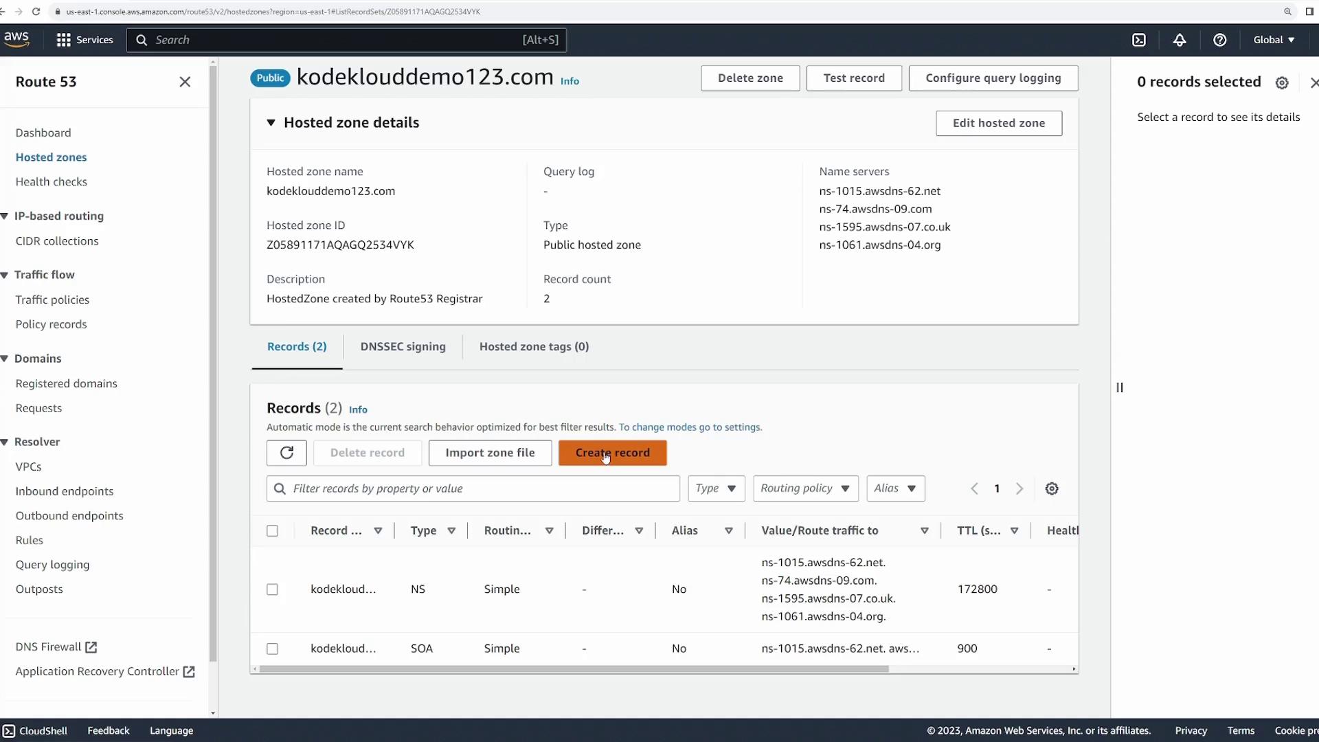 The image shows an AWS Route 53 console displaying details of a hosted zone named "kodeklouddemo123.com," including its records and name servers.
