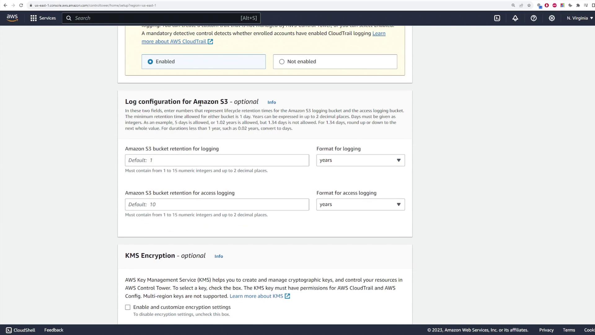 The image shows a configuration page for Amazon S3 on the AWS console, detailing options for log retention and KMS encryption settings.