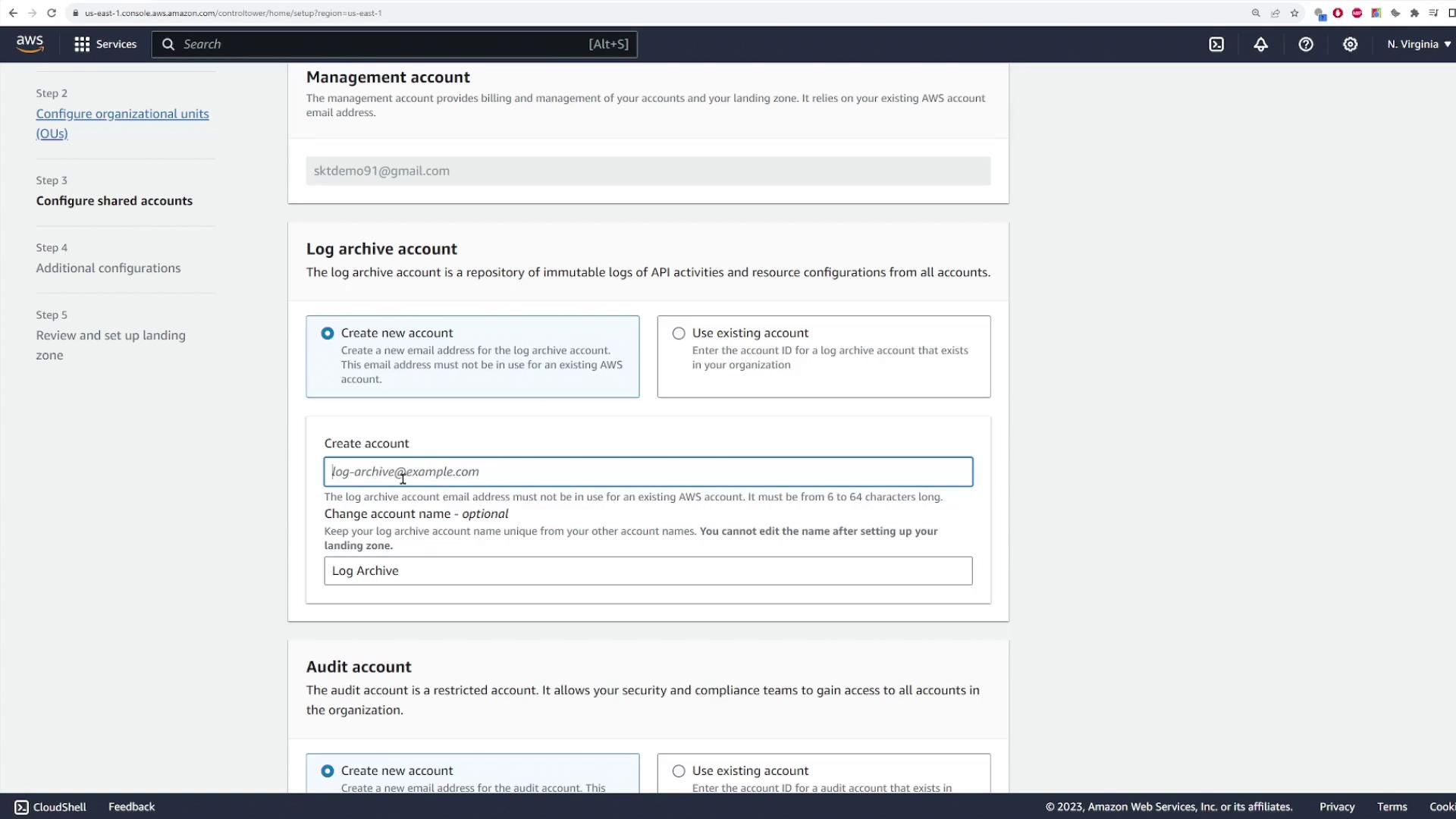 The image shows an AWS console interface for setting up accounts, including options for creating or using existing management, log archive, and audit accounts. It includes fields for entering email addresses and account names.