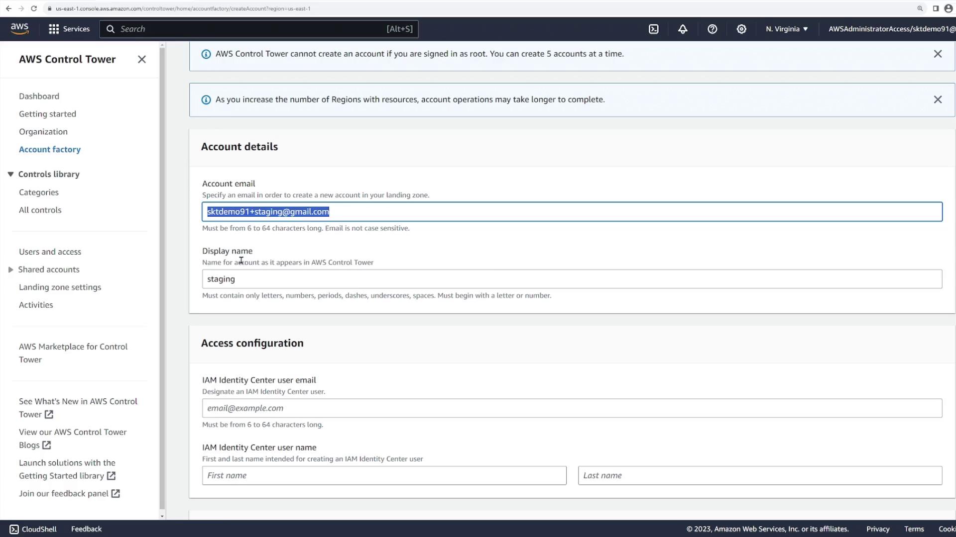 The image shows an AWS Control Tower interface where a user is filling out account details, including an account email and display name. It also includes sections for access configuration with fields for IAM Identity Center user email and username.