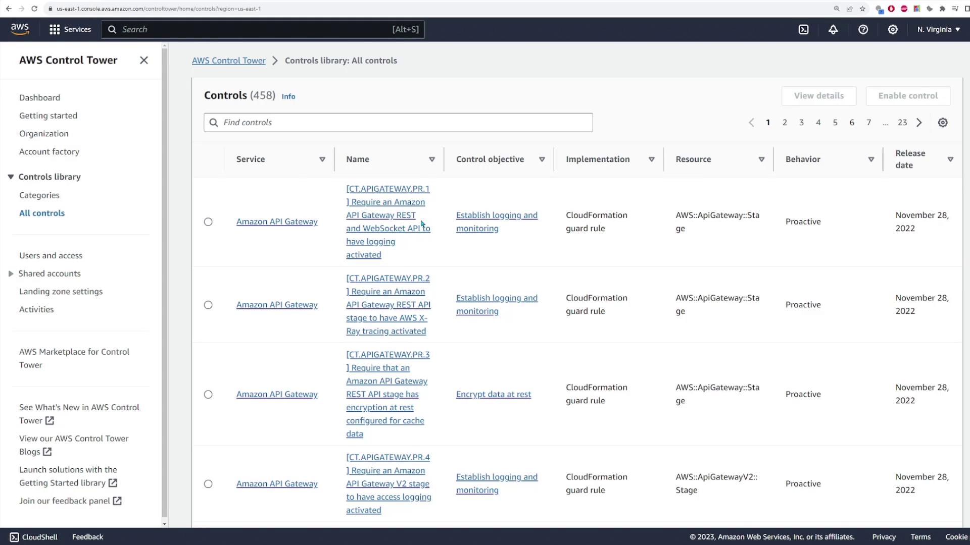 The image shows the AWS Control Tower interface, specifically the "Controls library" section, listing various controls related to Amazon API Gateway with details like service, name, control objective, and implementation.