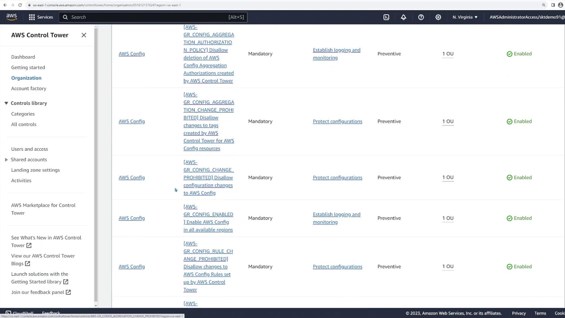 The image shows the AWS Control Tower interface, displaying a list of configuration rules and their statuses, with options for logging, monitoring, and protecting configurations.