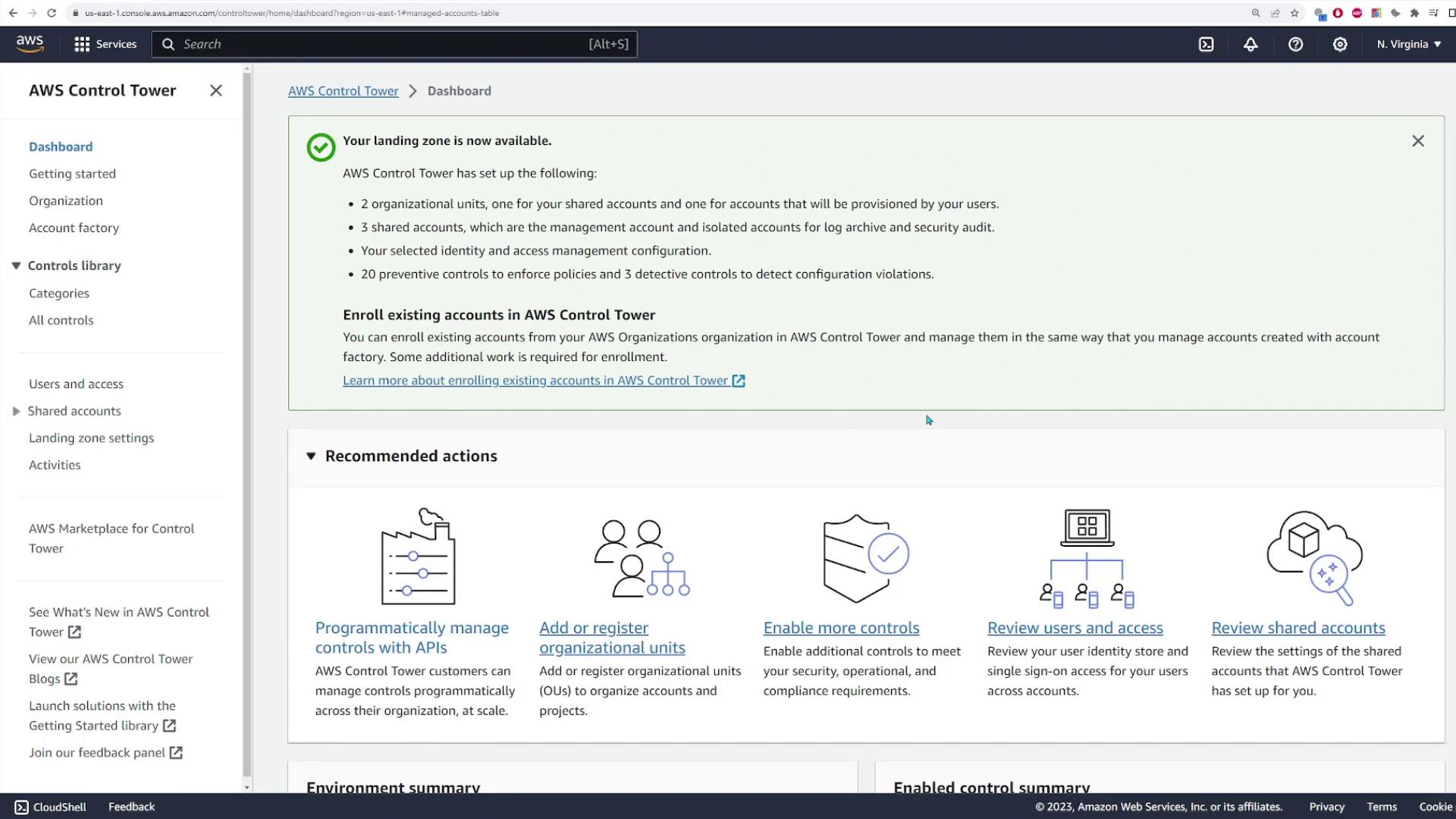 The image shows the AWS Control Tower dashboard, highlighting the availability of a landing zone and recommended actions for managing accounts and controls.