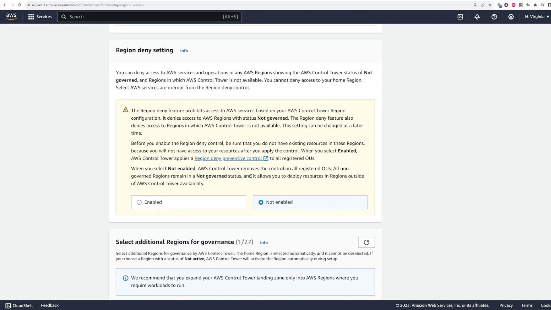 The image shows an AWS Control Tower settings page for configuring region deny settings, with options to enable or not enable the feature. It includes a warning about prohibiting access to AWS services in regions with a "Not governed" status.