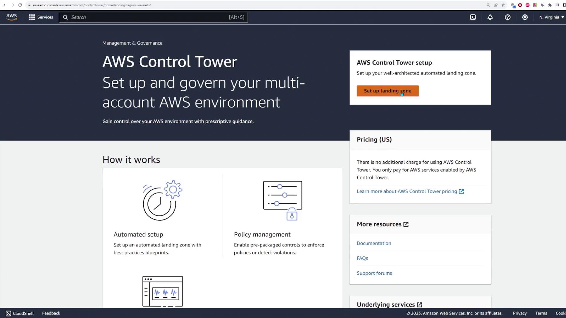 The image is a screenshot of the AWS Control Tower setup page, detailing how to set up and govern a multi-account AWS environment with features like automated setup and policy management. It includes options for setting up a landing zone, pricing information, and additional resources.