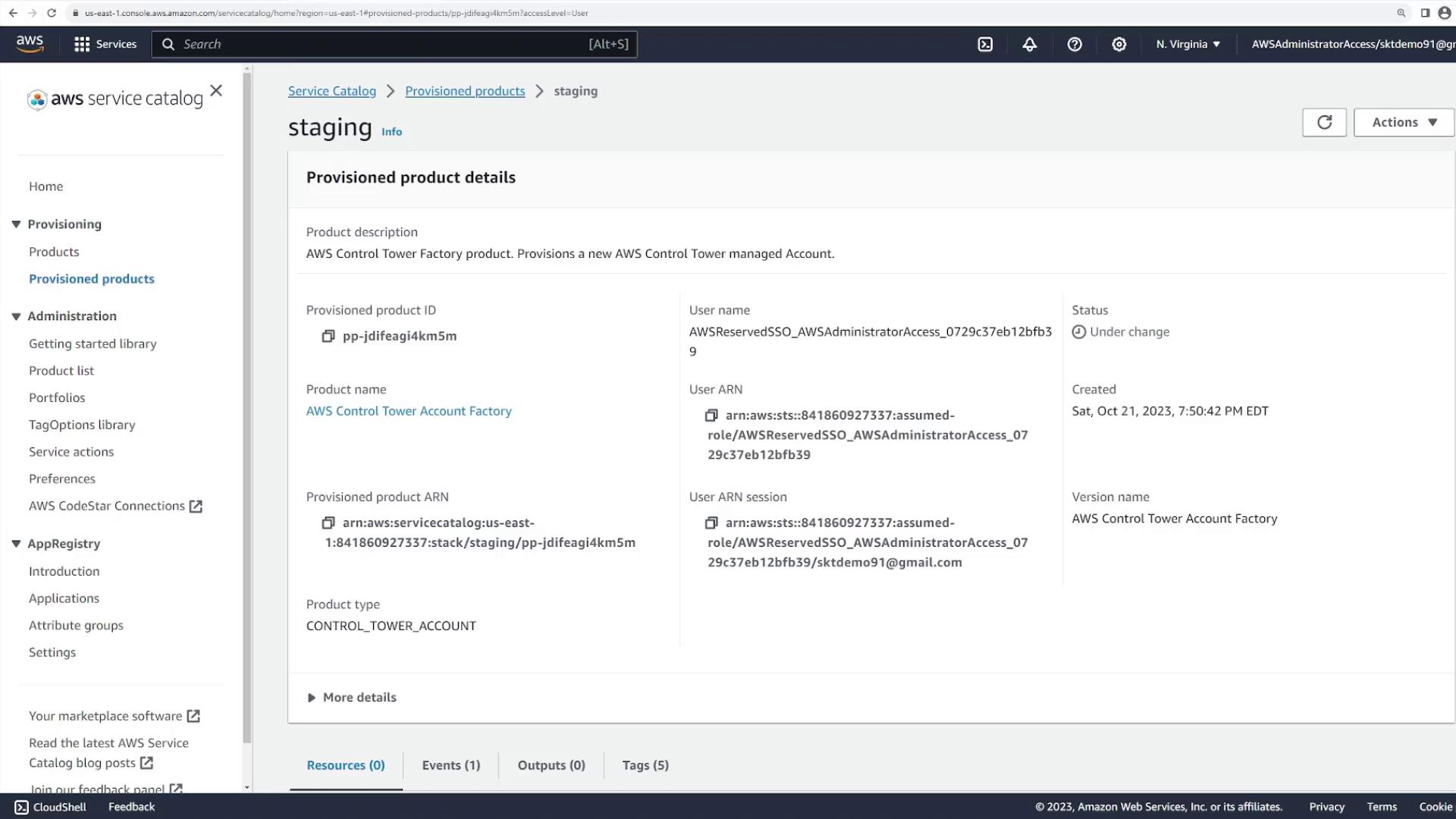 The image shows an AWS Service Catalog interface displaying details of a provisioned product, specifically an AWS Control Tower Account Factory, with information such as product ID, ARN, user details, and status.