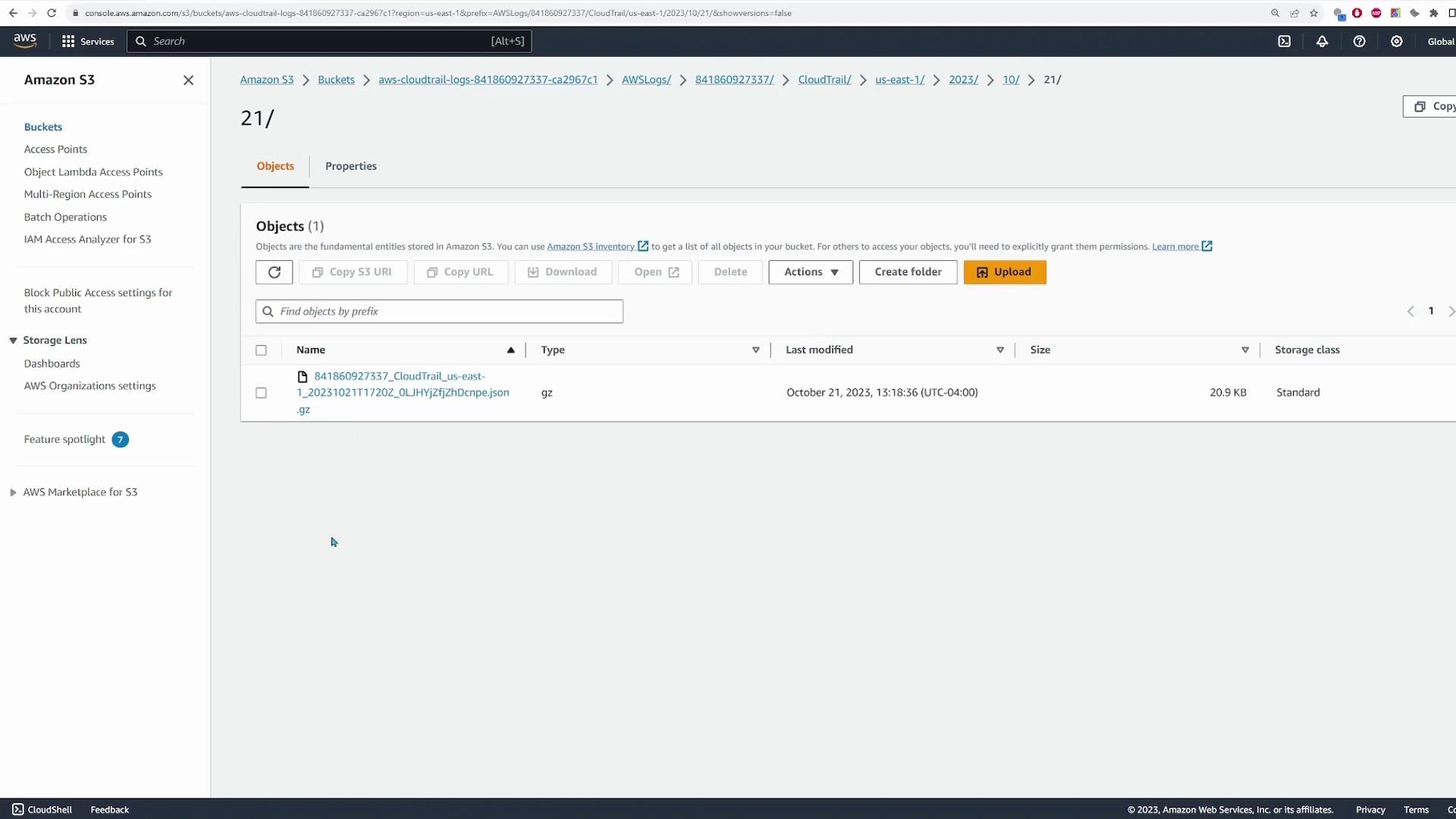 The image shows an Amazon S3 console with a list of objects in a bucket, displaying one JSON file with details like name, type, last modified date, and size.