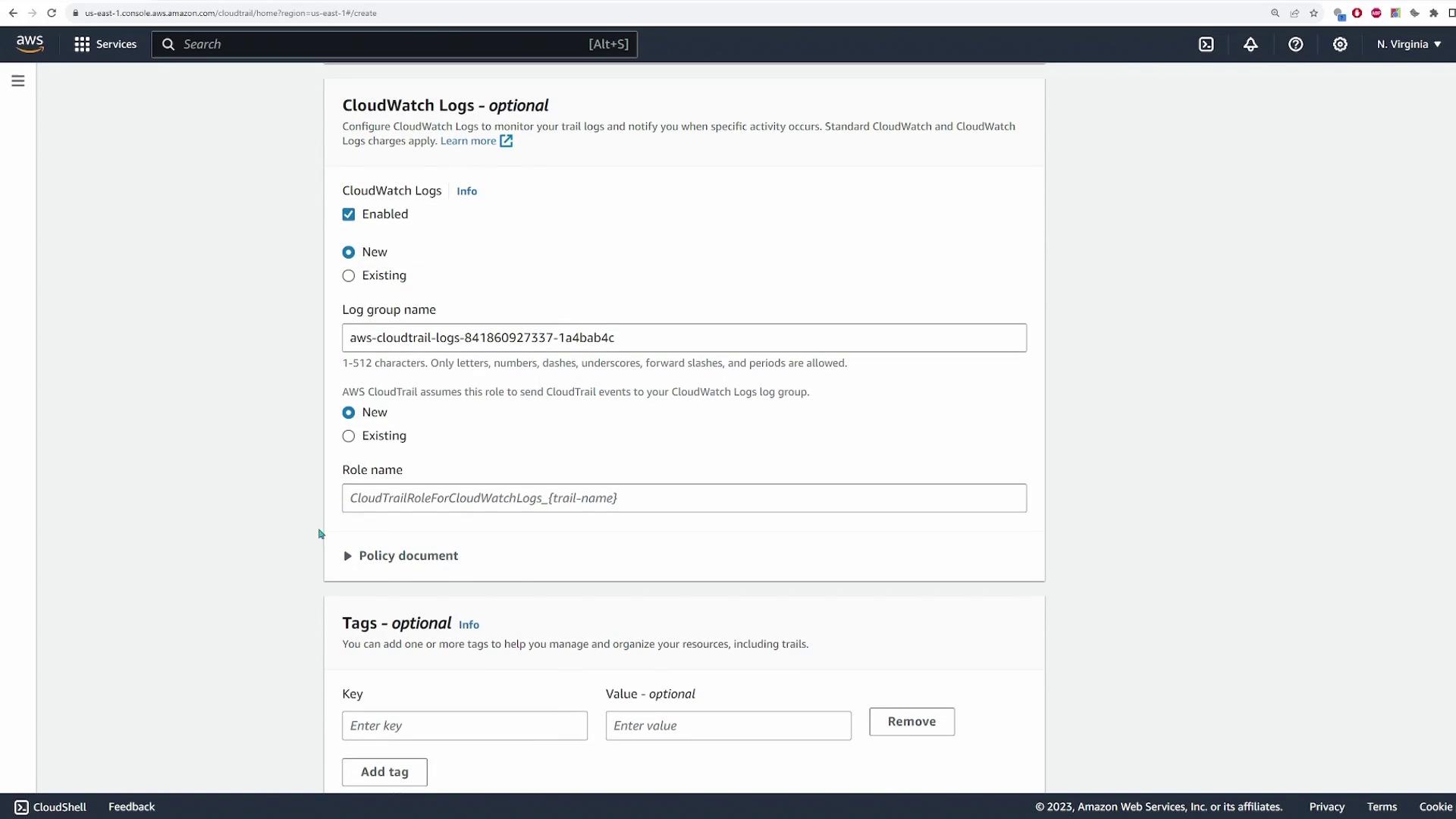 The image shows an AWS CloudTrail configuration screen for setting up CloudWatch Logs, with options to enable logs, specify a log group name, and add tags.