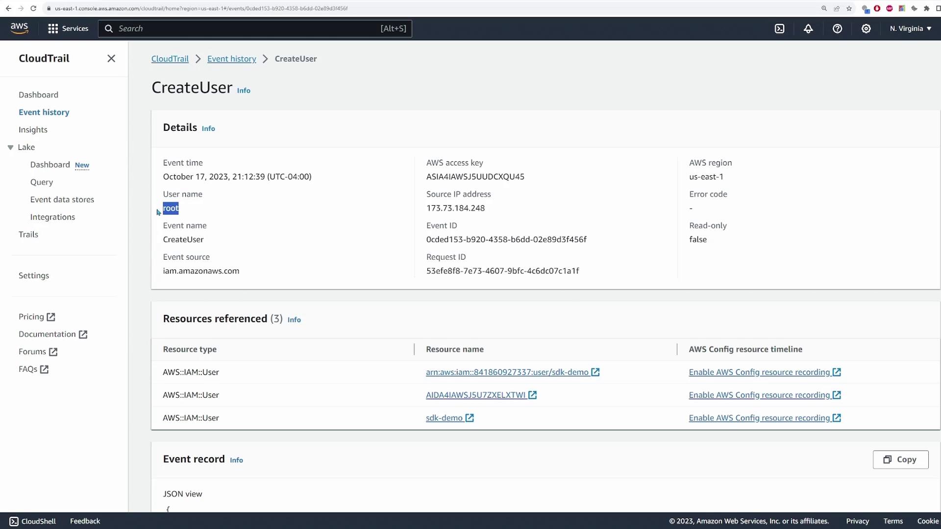 The image shows an AWS CloudTrail event details page for a "CreateUser" action, displaying information such as event time, user name, AWS region, and resources referenced.