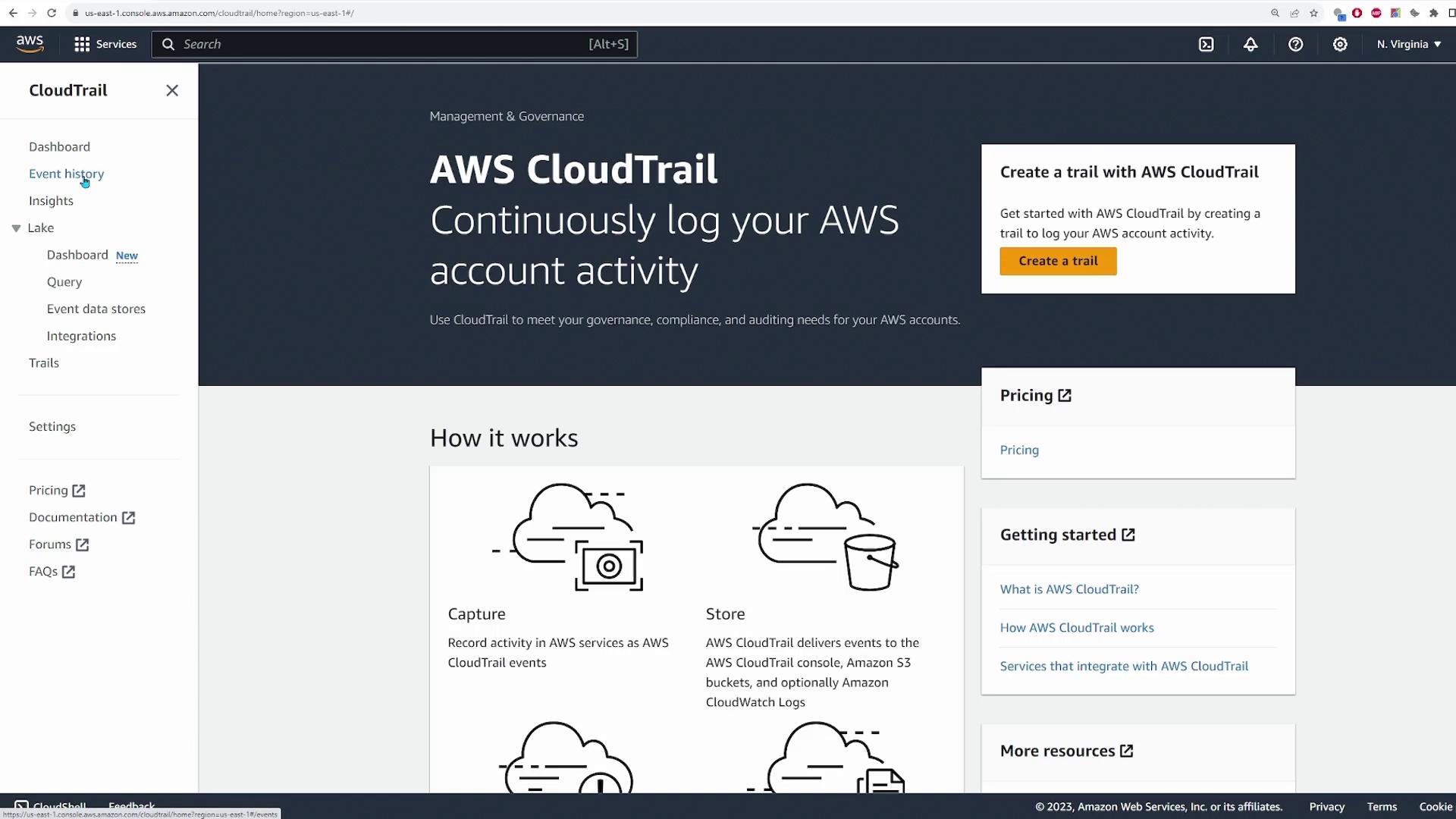 The image shows the AWS CloudTrail dashboard, highlighting features for logging AWS account activity and providing options to create a trail, view pricing, and access resources.