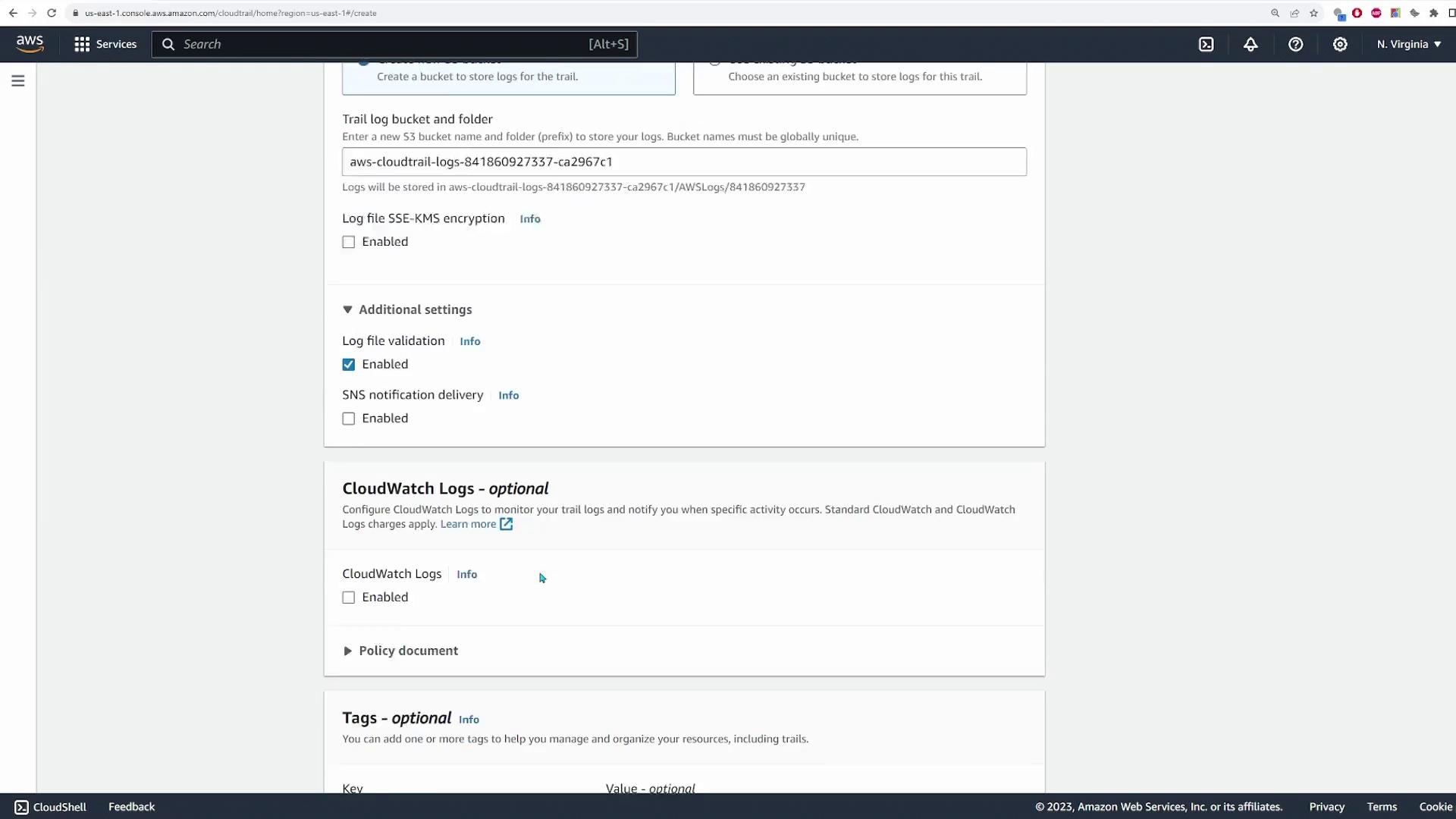 The image shows a section of the AWS CloudTrail setup interface, where log settings and options like log file validation and CloudWatch Logs are configured.