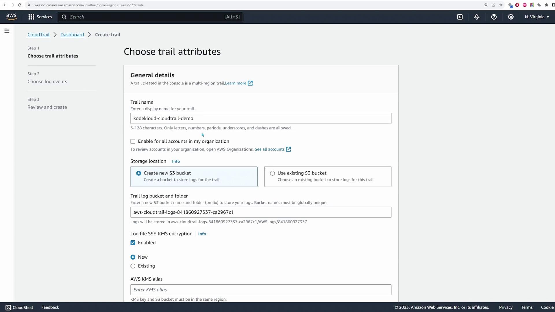 The image shows an AWS CloudTrail setup screen where users can choose trail attributes, including naming the trail, enabling it for all accounts, and selecting an S3 bucket for log storage. Options for encryption and KMS alias are also visible.