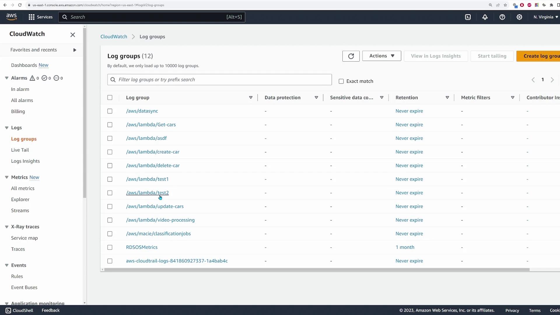 The image shows the AWS CloudWatch console displaying a list of log groups, each with details like retention settings.