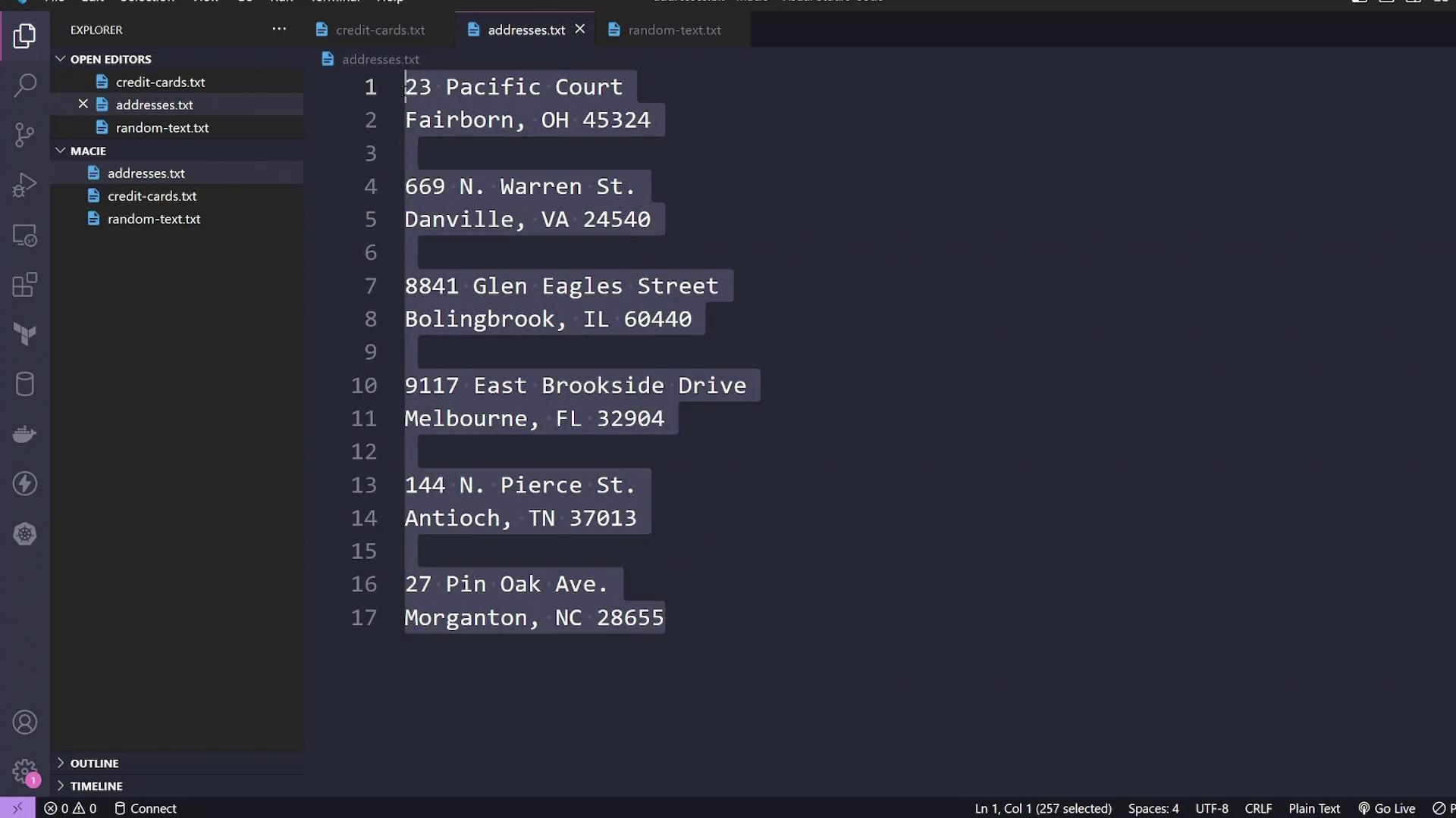 The image shows a text editor displaying a list of addresses in a file named "addresses.txt." The addresses are formatted with street names, cities, states, and ZIP codes.