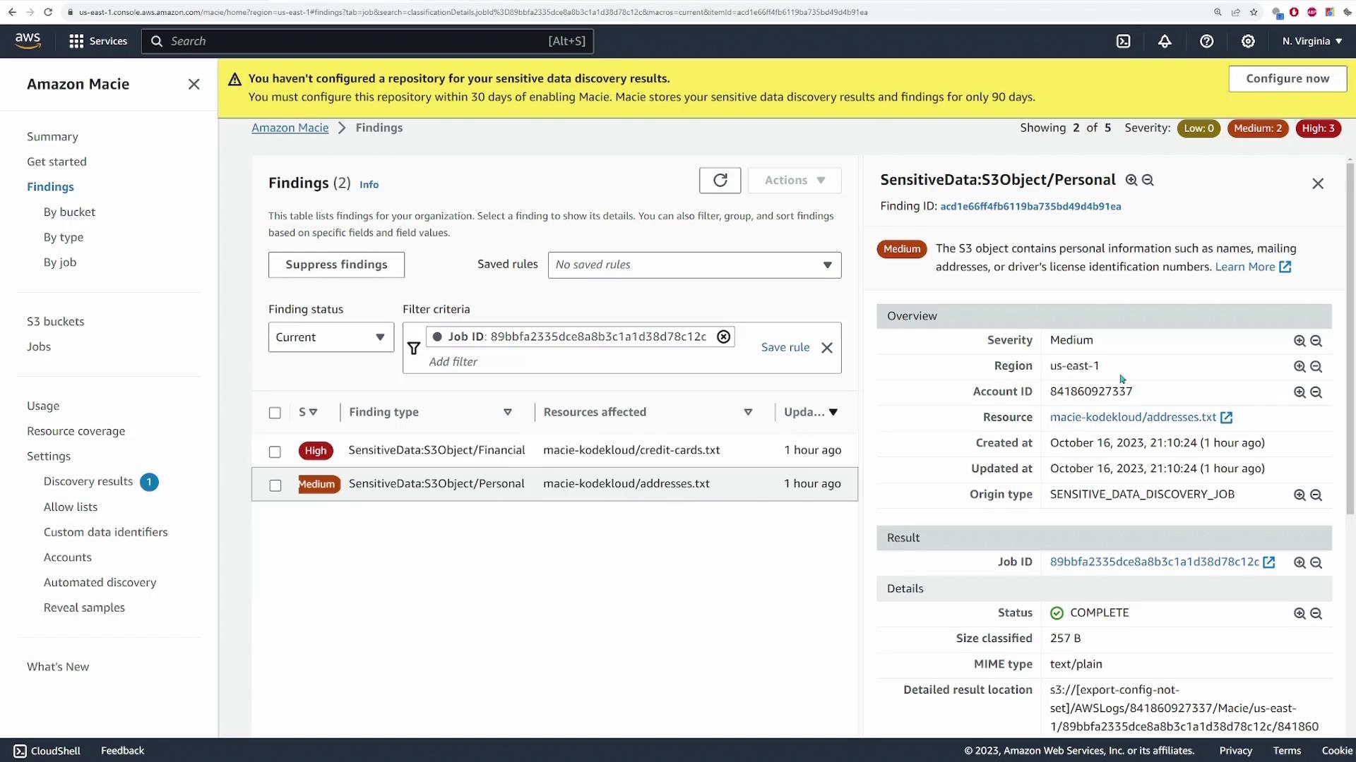 The image shows an Amazon Macie dashboard displaying findings related to sensitive data discovery. It lists two findings with different severity levels, indicating the presence of sensitive information in S3 objects.