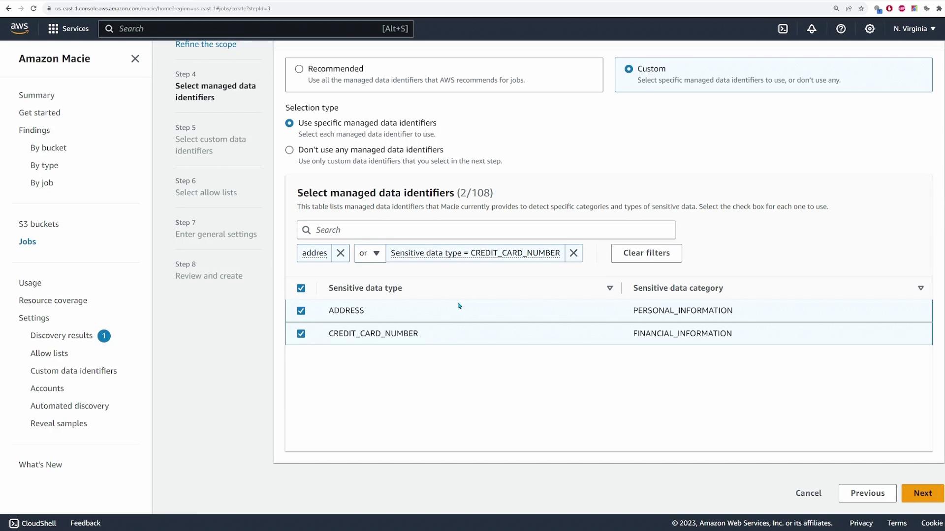 The image shows an Amazon Macie interface where specific managed data identifiers are being selected, including "ADDRESS" and "CREDIT_CARD_NUMBER," categorized under personal and financial information.