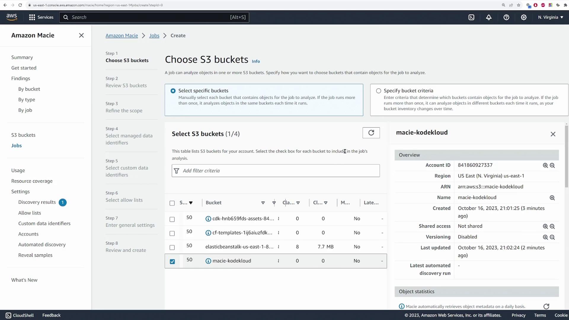 The image shows an Amazon Macie interface where a user is selecting S3 buckets for analysis. It includes details about a specific bucket named "macie-kodekloud" with its account ID, region, and other metadata.