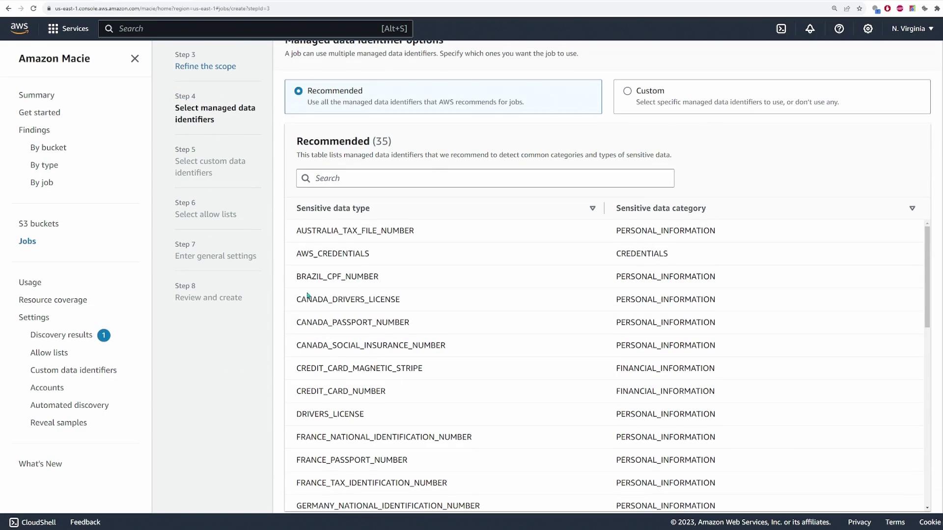 The image shows an Amazon Macie interface where sensitive data types and categories are listed, such as personal information and credentials.