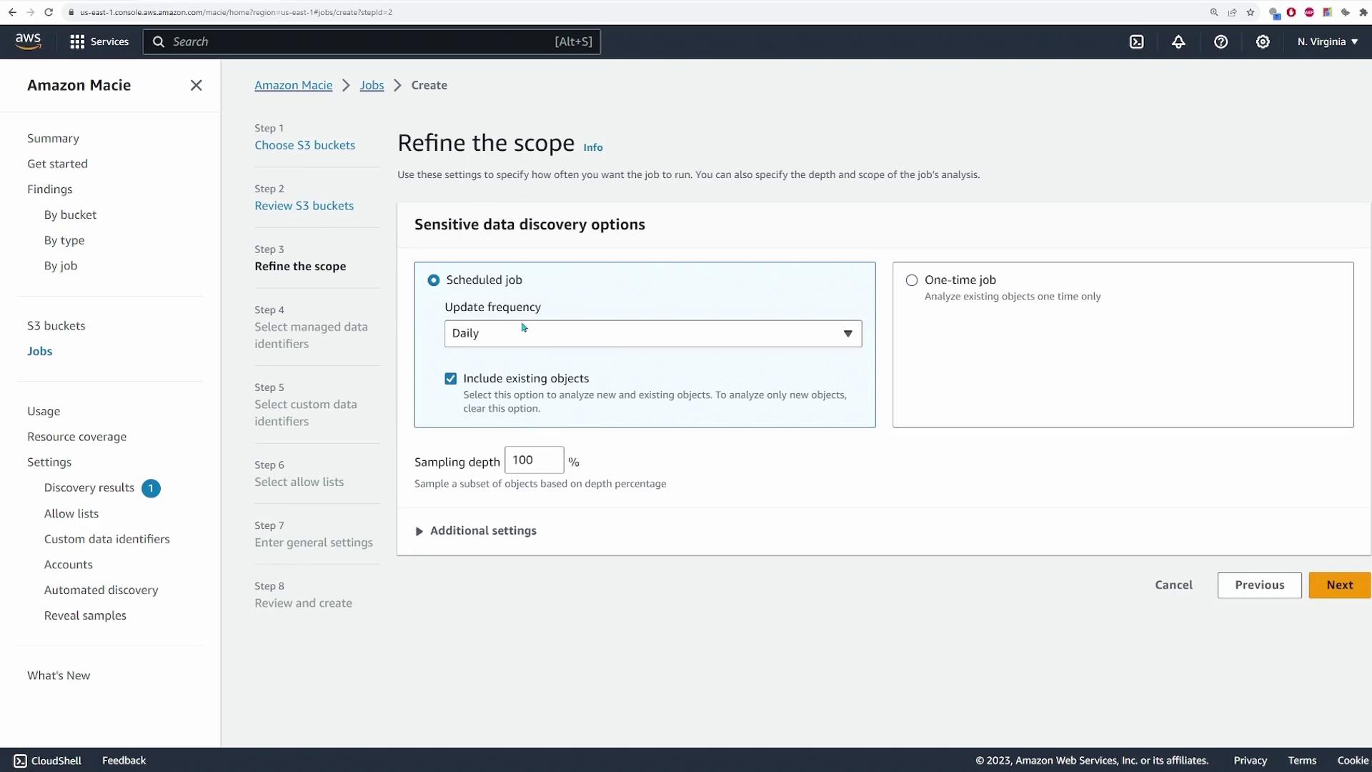 The image shows an Amazon Macie interface for creating a job to refine the scope of sensitive data discovery, with options for scheduling and sampling depth.