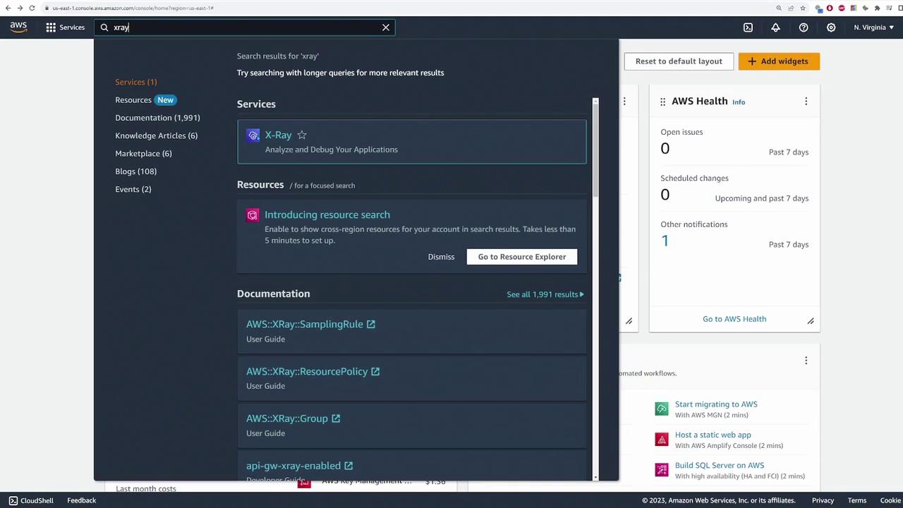 The image shows the AWS Management Console with a search for "xray," displaying results related to AWS X-Ray services, resources, and documentation. On the right, there is a panel showing AWS Health information.