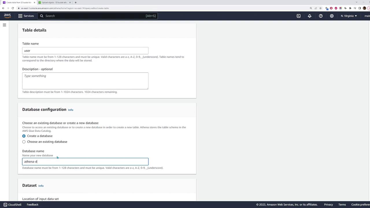 The image shows an AWS Athena console screen where a user is configuring table details and database settings, including naming a table and selecting or creating a database.