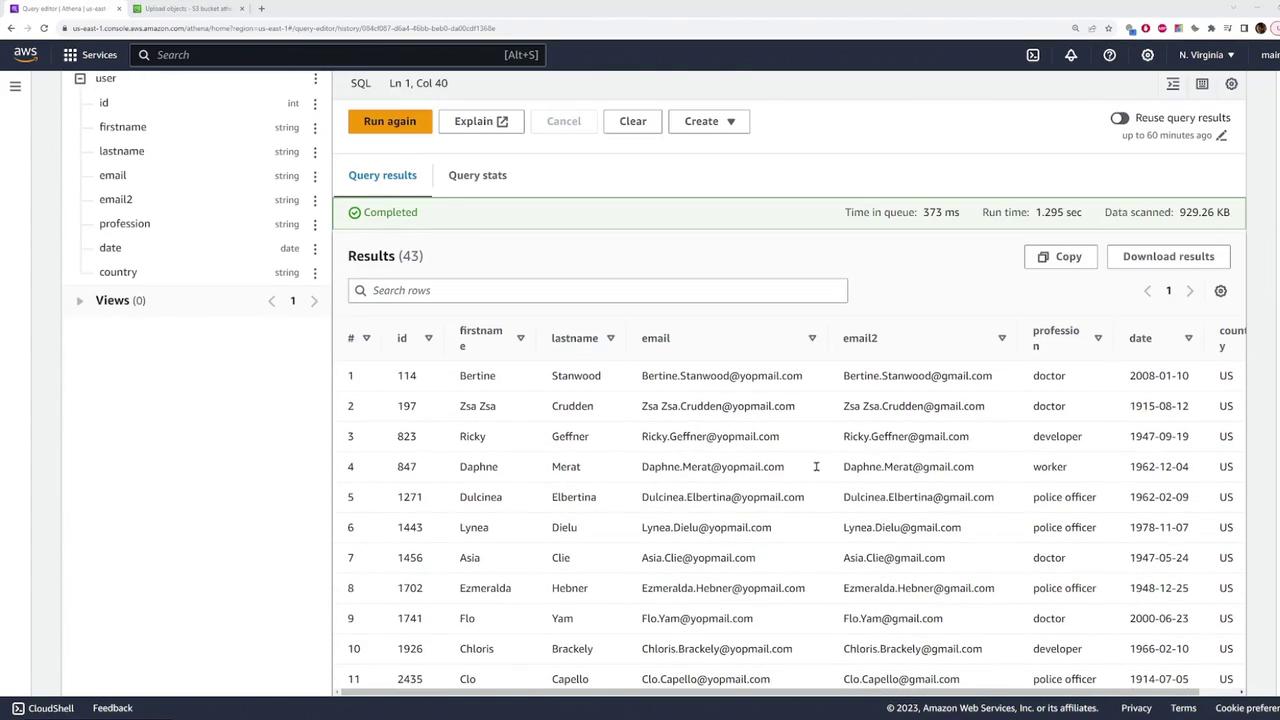 The image shows an AWS Athena query editor interface displaying a table with user data, including columns for ID, first name, last name, email, profession, and country. The query results are shown in a tabular format with multiple entries.