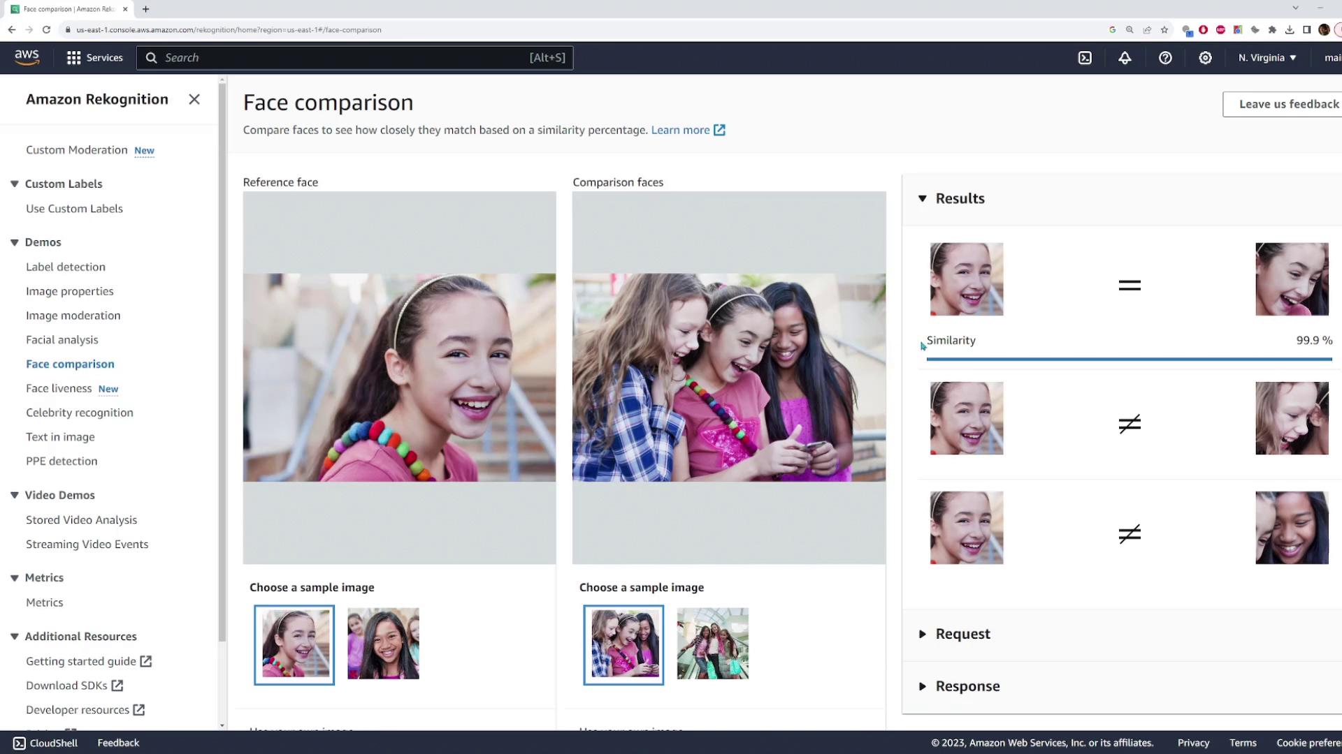 The image shows an Amazon Rekognition interface for face comparison, displaying a reference face on the left and comparison faces on the right, with similarity results indicating a 99.9% match for one of the faces.