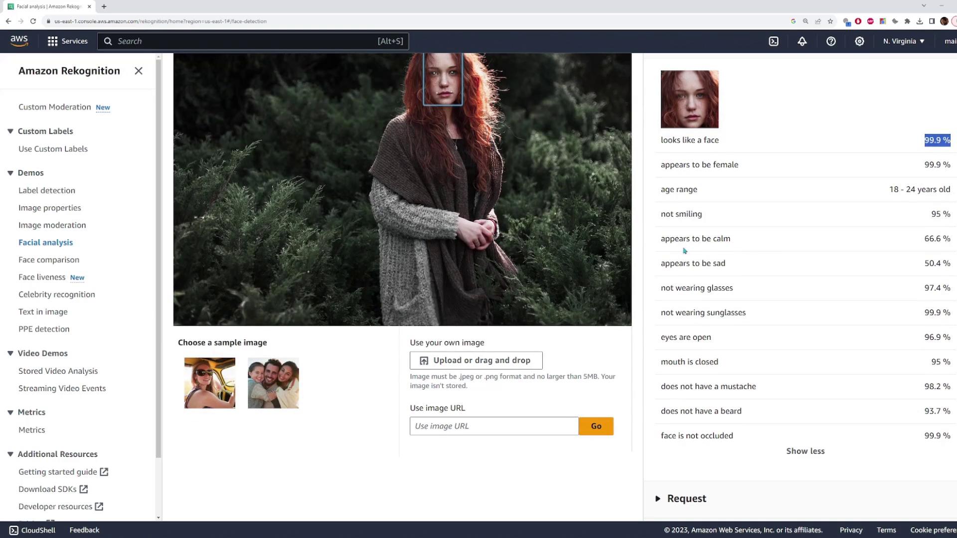The image shows a screenshot of the Amazon Rekognition service analyzing a photo of a person standing in front of greenery. The analysis includes attributes like gender, age range, and emotional state.