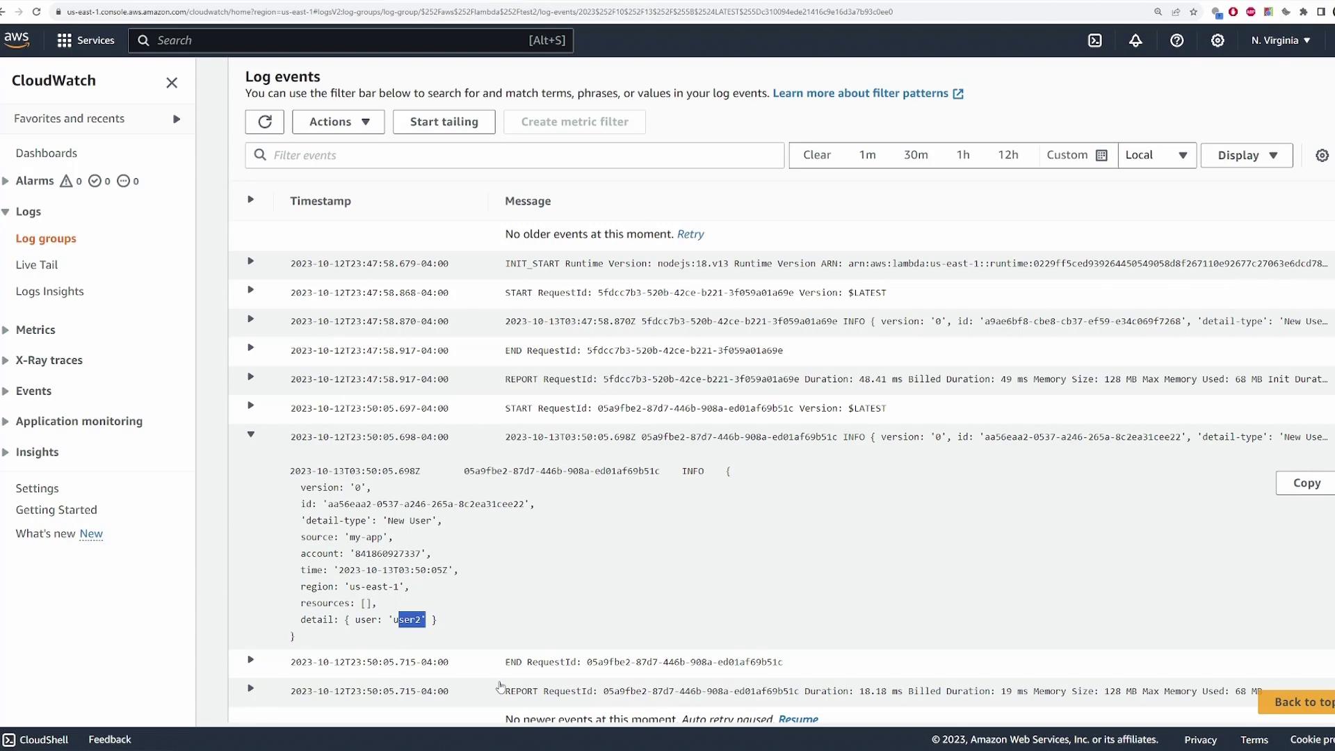 The image shows an AWS CloudWatch console displaying log events, including timestamps, request IDs, and messages related to Lambda function executions.