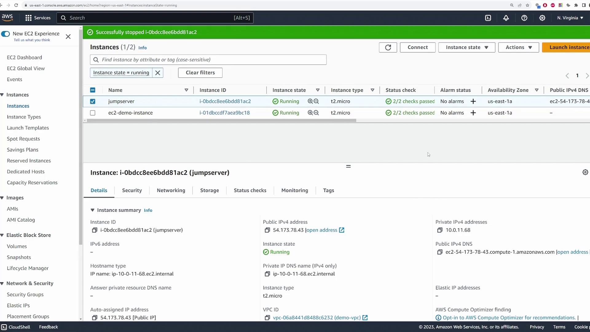 The image shows an AWS EC2 management console with two running instances, displaying details for a selected instance named "jumpserver."