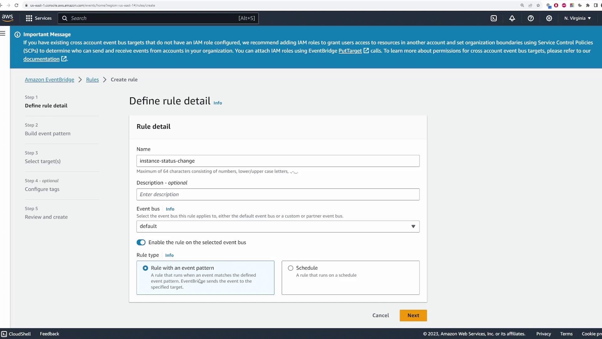 The image shows an AWS EventBridge interface where a rule is being defined, with fields for rule name, description, and event bus selection. It includes options for enabling the rule and choosing between an event pattern or schedule.