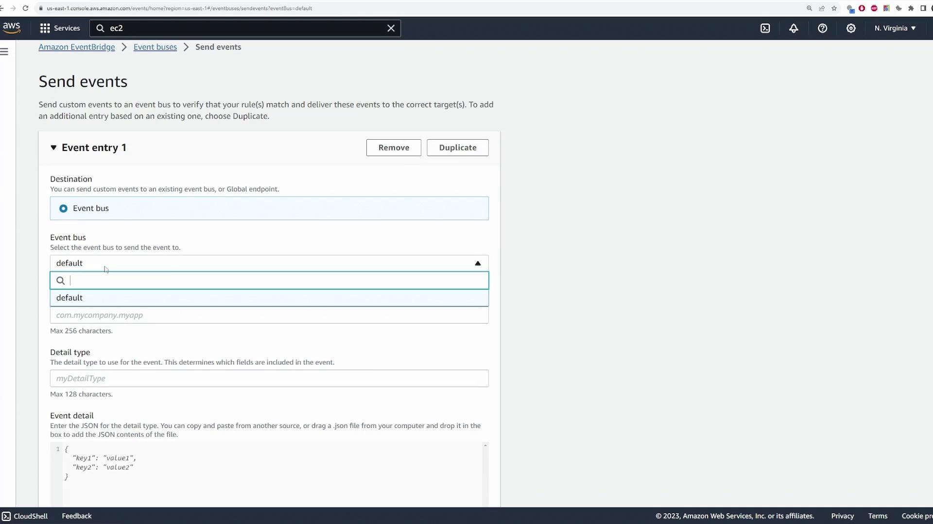 The image shows the "Send events" page in the Amazon EventBridge console, where users can configure and send custom events to an event bus. It includes fields for selecting the event bus, detail type, and entering event details in JSON format.