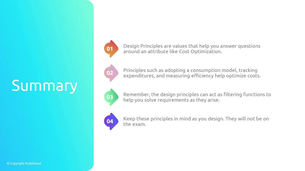 The image is a summary slide outlining four design principles related to cost optimization, including adopting a consumption model and tracking expenditures. It emphasizes that these principles help solve requirements but will not be on the exam.