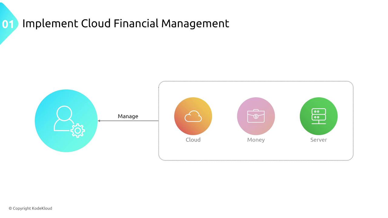 The image is a diagram titled "Implement Cloud Financial Management," showing a person managing three elements: Cloud, Money, and Server, each represented by icons.
