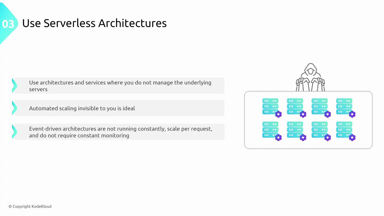 The image is about using serverless architectures, highlighting benefits like not managing underlying servers, automated scaling, and event-driven architectures. It includes a diagram of servers and a person overseeing them.