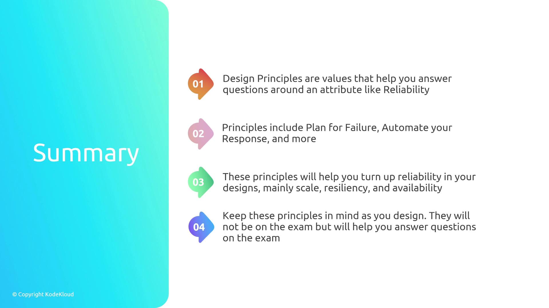 The image is a summary of design principles focusing on reliability, including planning for failure and automating responses, to enhance design scalability, resiliency, and availability. It emphasizes the importance of these principles for exam preparation.