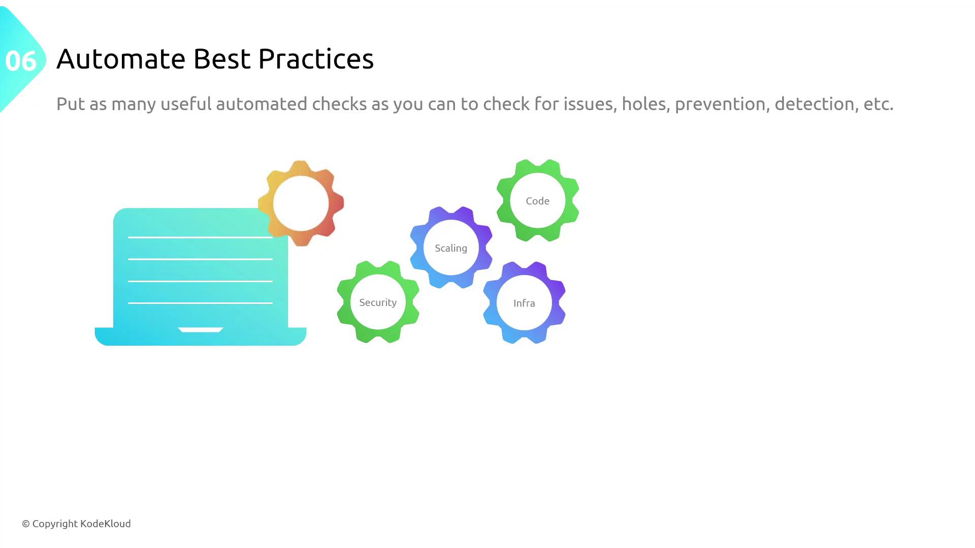 The image illustrates the concept of automating best practices, featuring a laptop and gears labeled with terms like "Code," "Scaling," "Security," and "Infra." It emphasizes the importance of automated checks for issues and prevention.