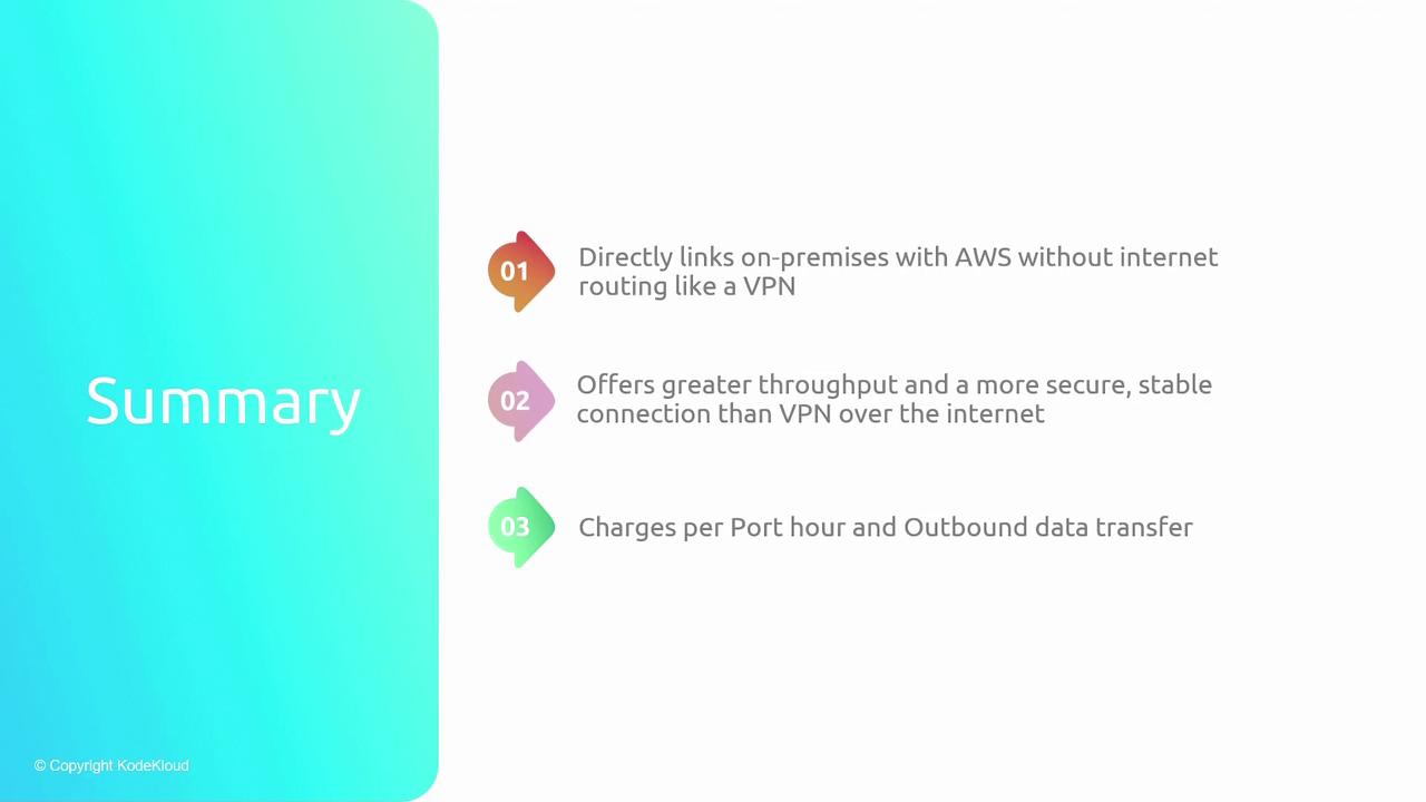 The image is a summary slide highlighting three points about a service that directly links on-premises with AWS, offers greater throughput and security than VPNs, and charges based on port hours and outbound data transfer.