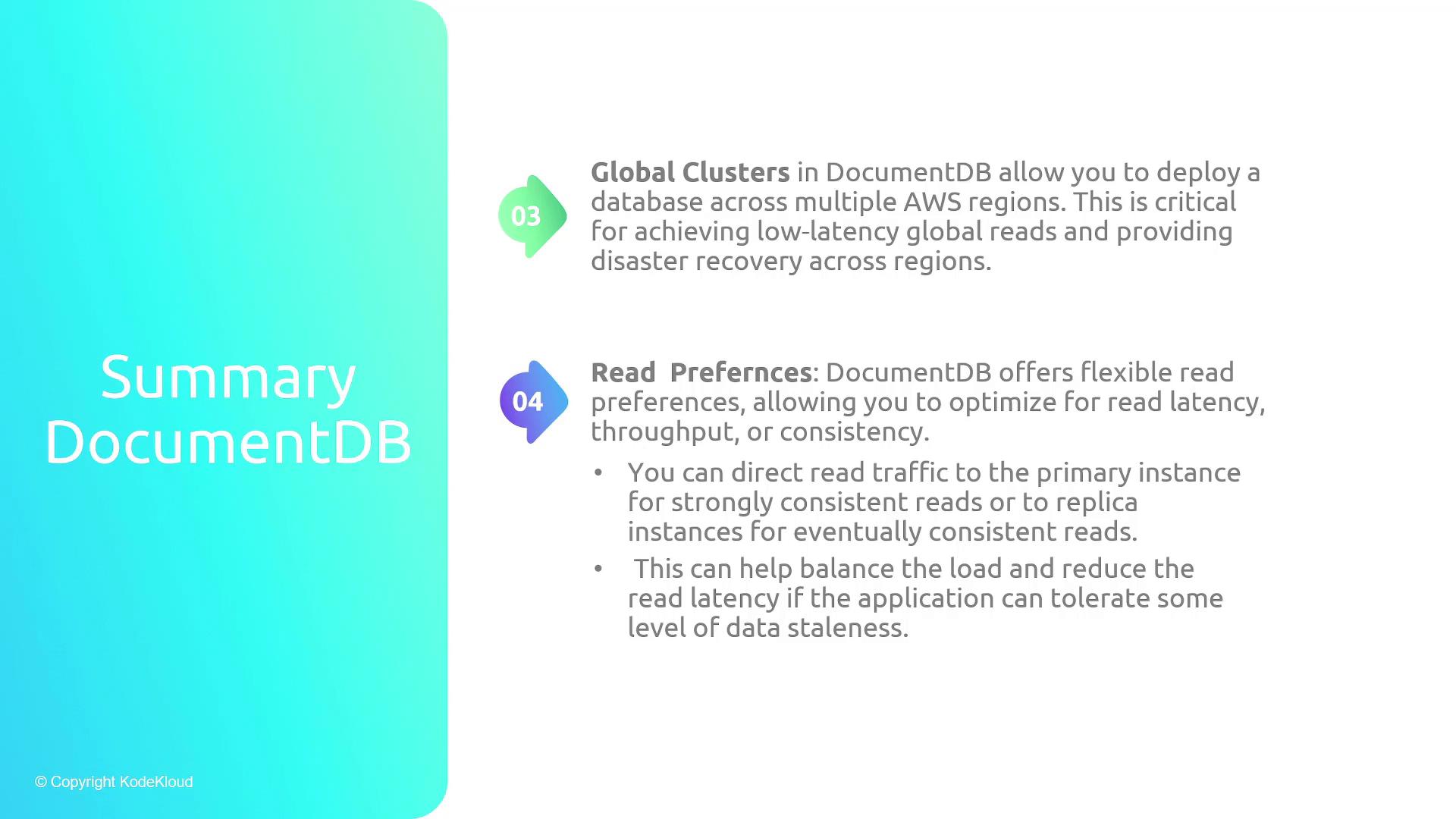 The image is a summary of DocumentDB features, highlighting global clusters for low-latency global reads and flexible read preferences for optimizing read latency, throughput, or consistency.