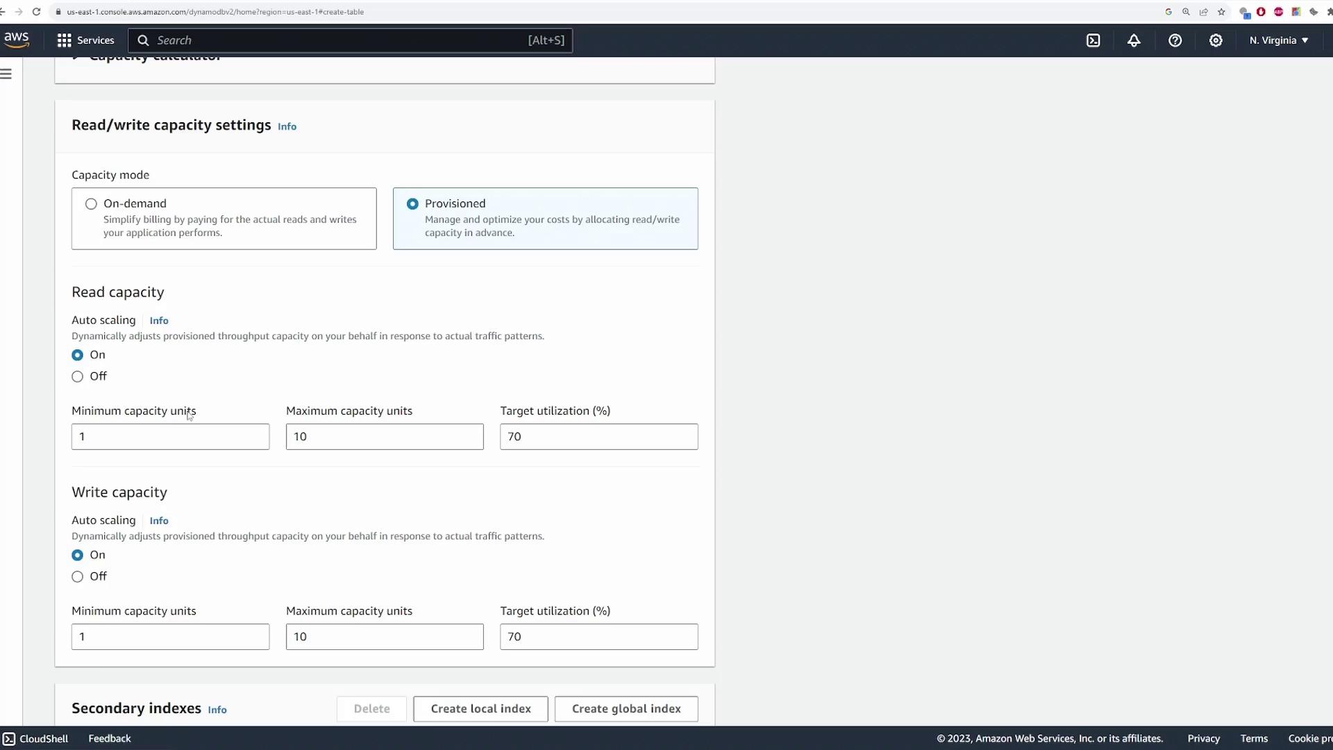 The image shows the AWS DynamoDB console with settings for configuring read/write capacity, including options for auto-scaling and specifying minimum and maximum capacity units.