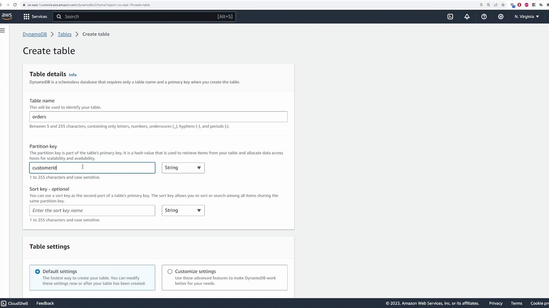 The image shows a screenshot of the AWS DynamoDB console where a user is creating a new table named "orders" with a partition key "customerId" of type String. There are options for table settings at the bottom.