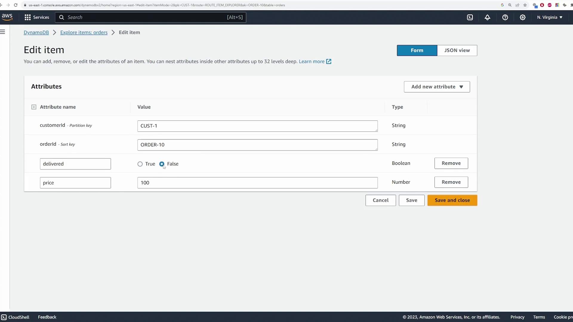 The image shows an AWS DynamoDB console where an item is being edited with attributes like `customerId`, `orderId`, `delivered`, and `price`.