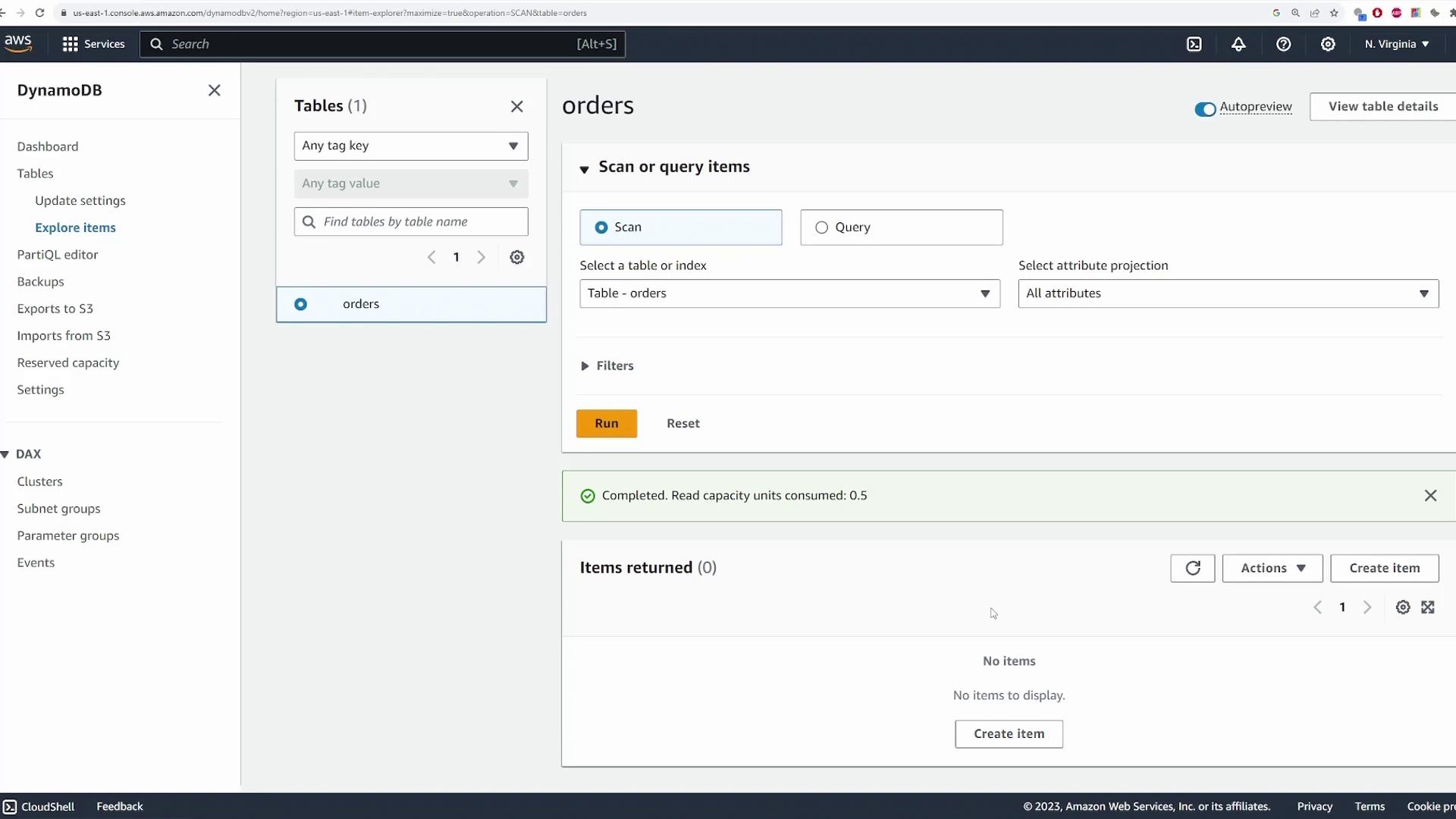 The image shows the AWS DynamoDB console with a table named "orders" selected. It displays a scan operation with no items returned and a message indicating that 0.5 read capacity units were consumed.